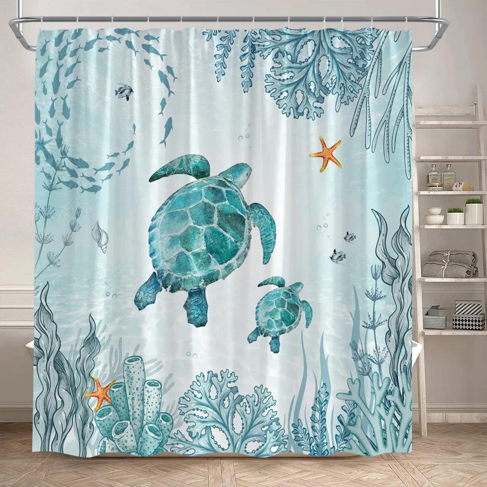Funny Octopus Shower Curtains Marine Animal Mermaid Sailboat Vintage Nautical Map Bath Curtain Fabric Bathroom Decor with Hooks