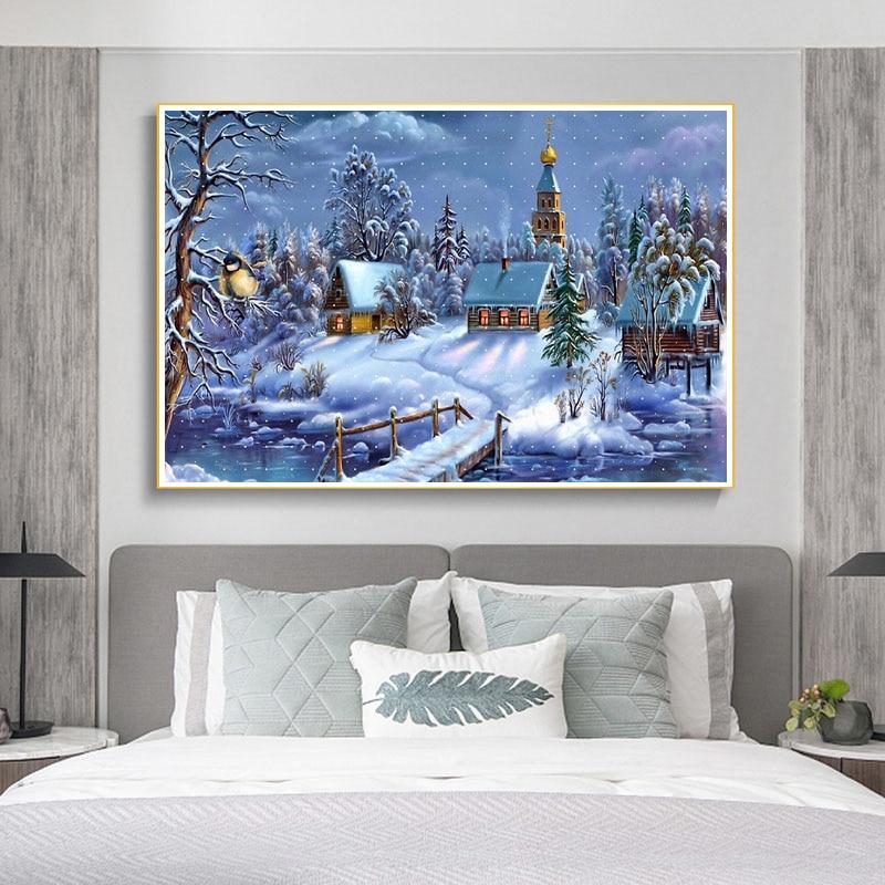 Зимний снег DIY 5D Алмазная картина Полный круглый дрель Пейзаж Алмазная вышивка Наборы крестиков Рождественский подарок