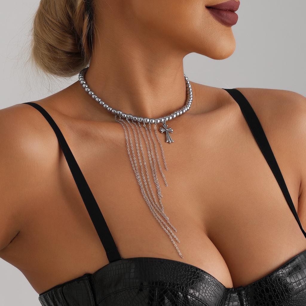 Аксессуары Многоцветный крест с бахромой Премиум стеклянные бусины ручной работы Ключичная цепочка Сладкий прохладный ветер Ожерелье