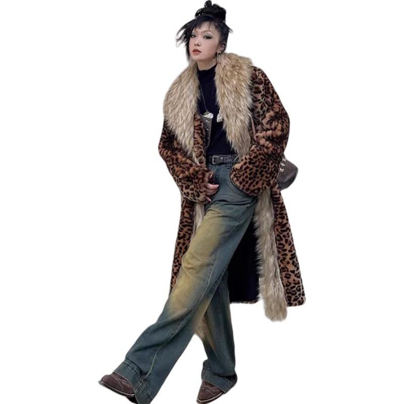 2026 Fall Winter Womens Faux Fur Leopard Print Coat Long Warm Streetwear Outerwear