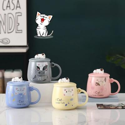 Креативная милая кружка с кошкой для девочек Высококачественная керамическая чашка для воды с крышкой и ложкой Кофейная чашка Парная чашка для домашнего использования