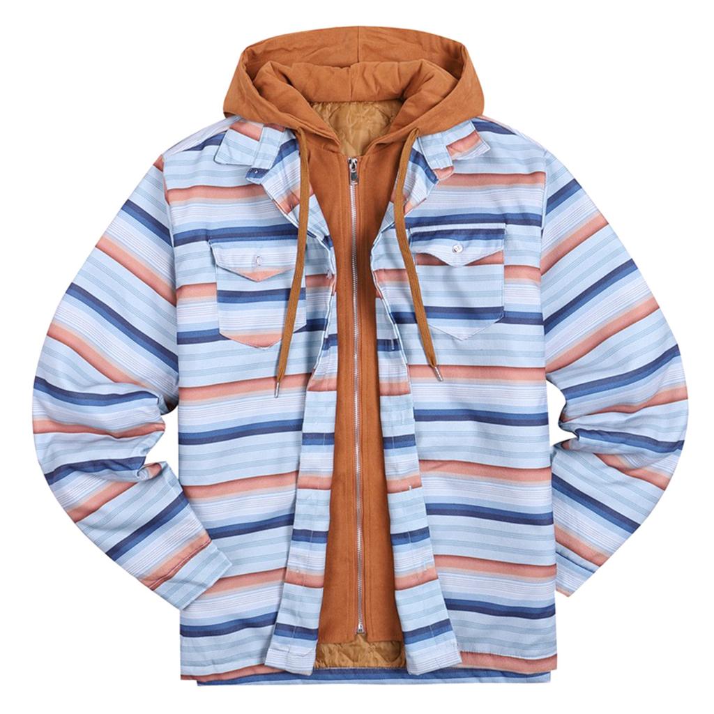 Men's Quilted Lined Button Down Plaid Shirt Add Velvet To Keep Warm Jacket With Hood