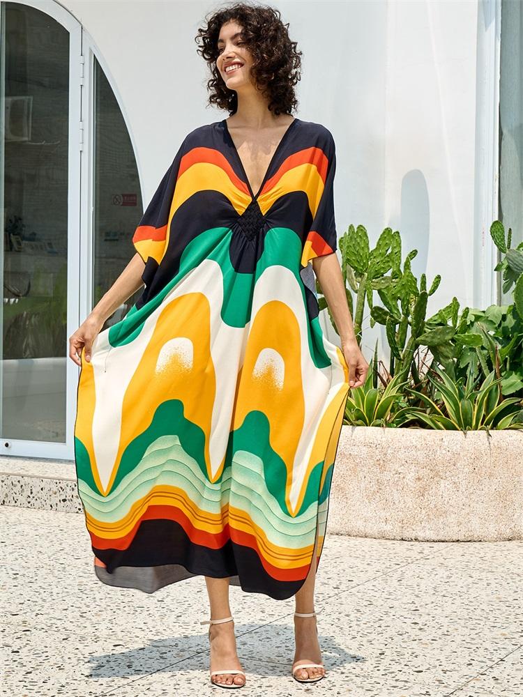 EDOLYNSA Плюс размер кафтан разноцветное летнее длинное пляжное платье женская домашняя одежда наряд купальный костюм накидка свободный кафтан