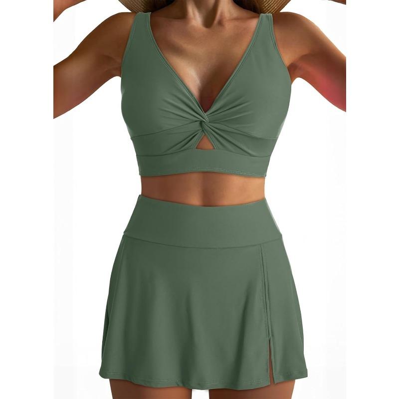 New Solid Color Women's Split Swimsuit Deep V Hollow Top High Waist Culottes Women's 2-piece Swimming Set