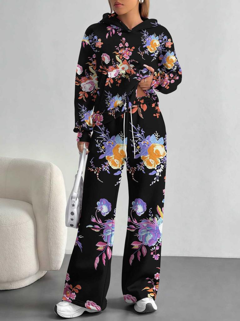 Retro Pattern Splicing European And American Autumn And Winter Casual Long-Sleeved Suit Women'S Hooded Sweater Trousers Cover