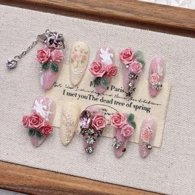 Квадратные накладные ногти миндалевидной формы, французский маникюр с 3D-дизайном, акриловые ногти с полным покрытием на клеевой основе, искусственные накладные ногти для женщин