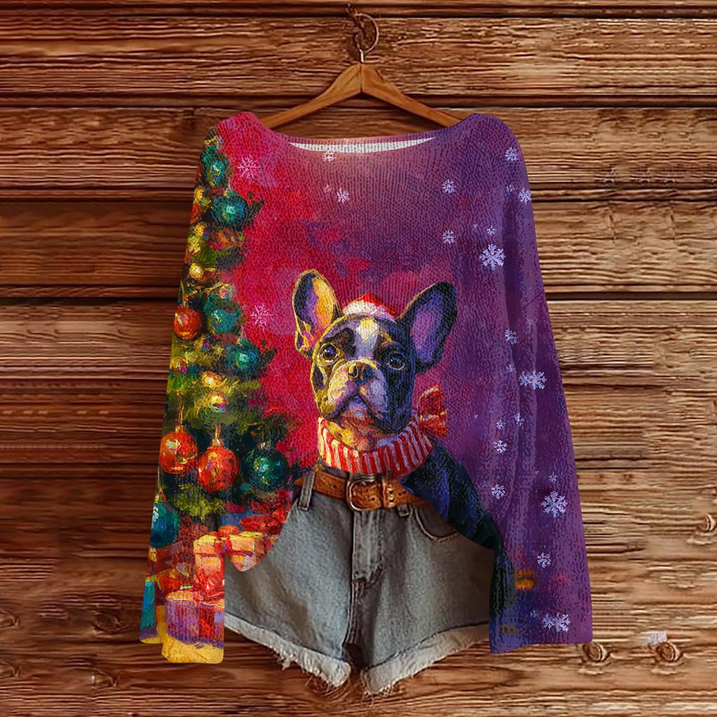 Женский повседневный модный топ с круглым вырезом, рождественским принтом, длинным рукавом, вязаный пуловер