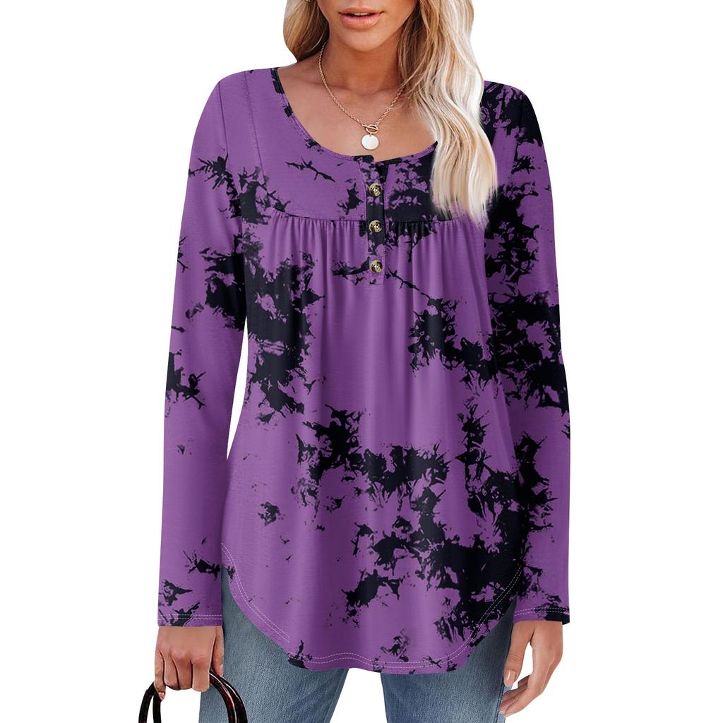 Женская туника с длинным рукавом, свободные топы, повседневные топы оверсайз, плиссированная туника, застегивающаяся на пуговицы, повседневные женские топы с принтом