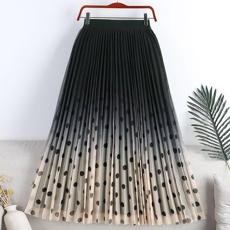 MOJTA Mid-length Skirt Spring Summer Women's Pleated Elastic Dots High Waist Skirt A-line Long Skirt