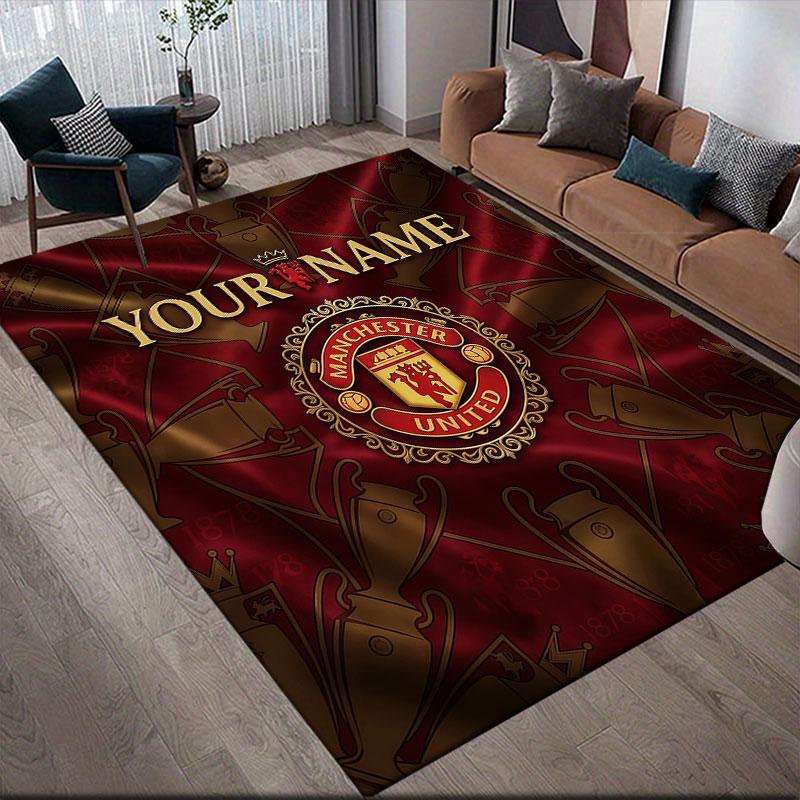 Custom Name,Manchester United FC Home Sofa Decoration for Living Room & Bedroom, Non‑Slip Play Flannel Floor Mat for Game Room