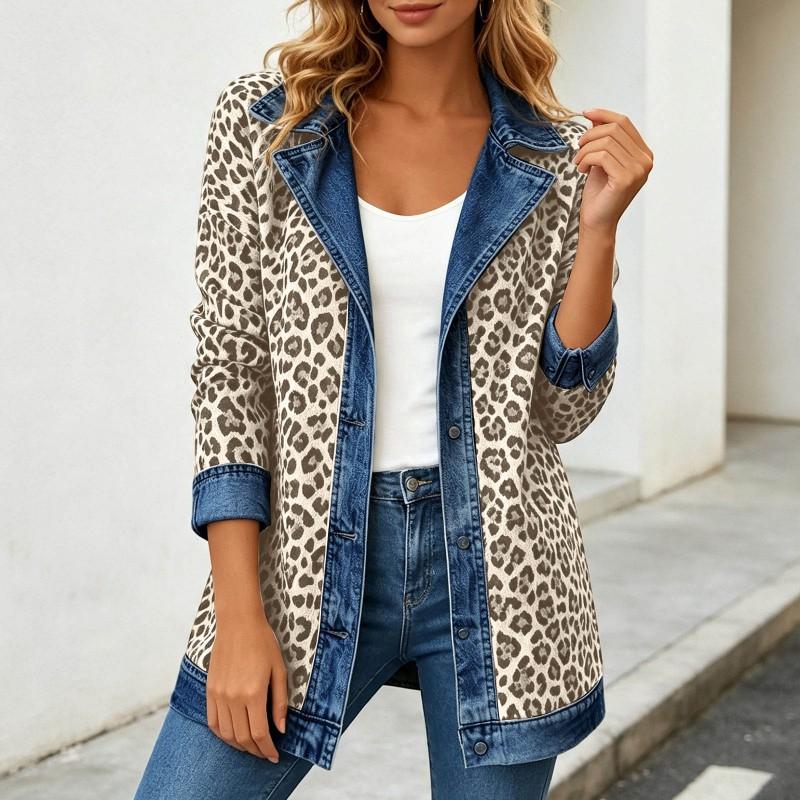 Womens Leopard Print Denim Jacket Long Sleeve Loose Fit Casual Open Front Shirt Collar Streetwear Coat