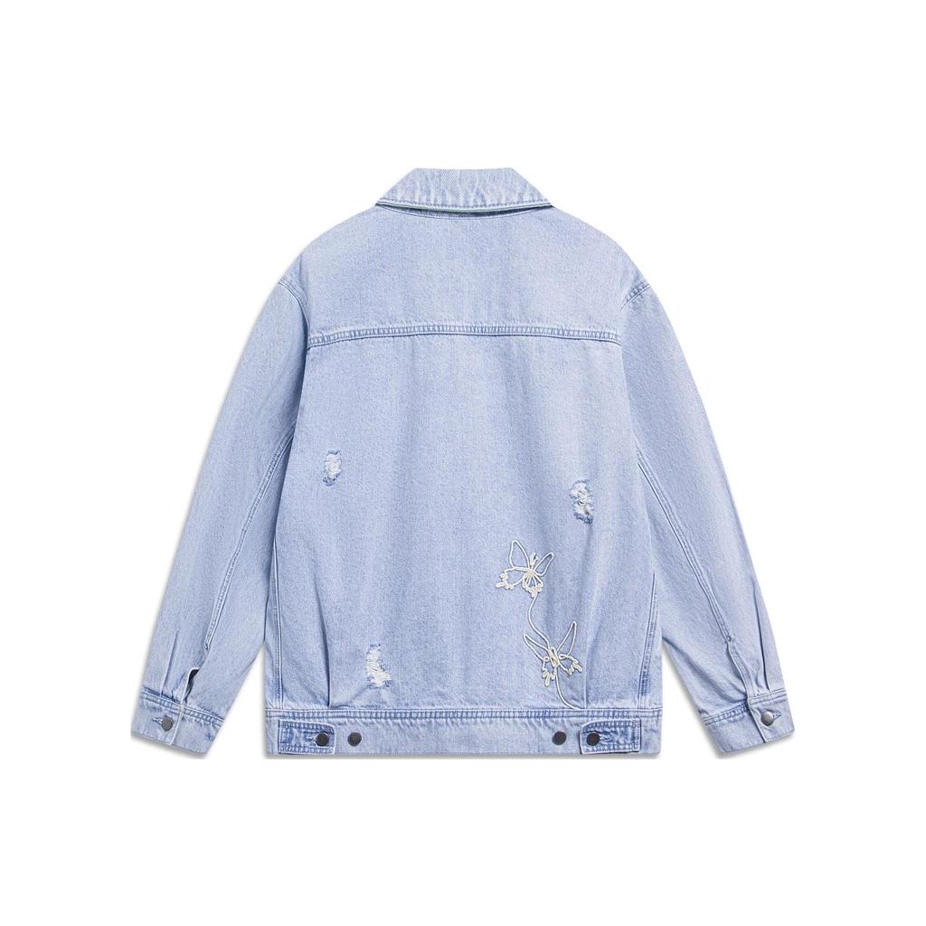 Li-Ning Letter Single Button Pocket Denim Jacket Men Outerwear Blue AJDT171-1