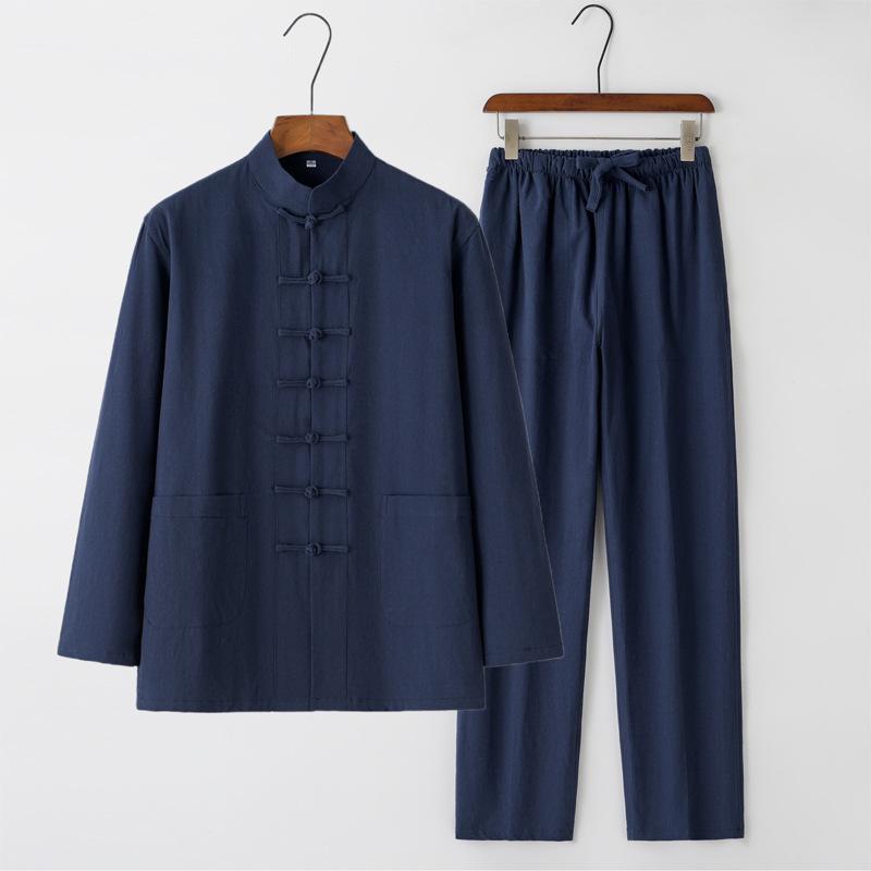 Men's Chinese Style Long-Sleeve Tang Suit Set with Frog Buttons - Retro Tea & Tai Chi Two-Piece