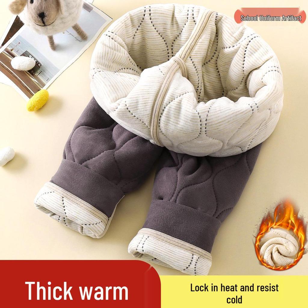 Kids' Quilted Fleece-Lined Thermal Pants - Warm, Thickened, Unisex, Autumn/Winter School Uniform.