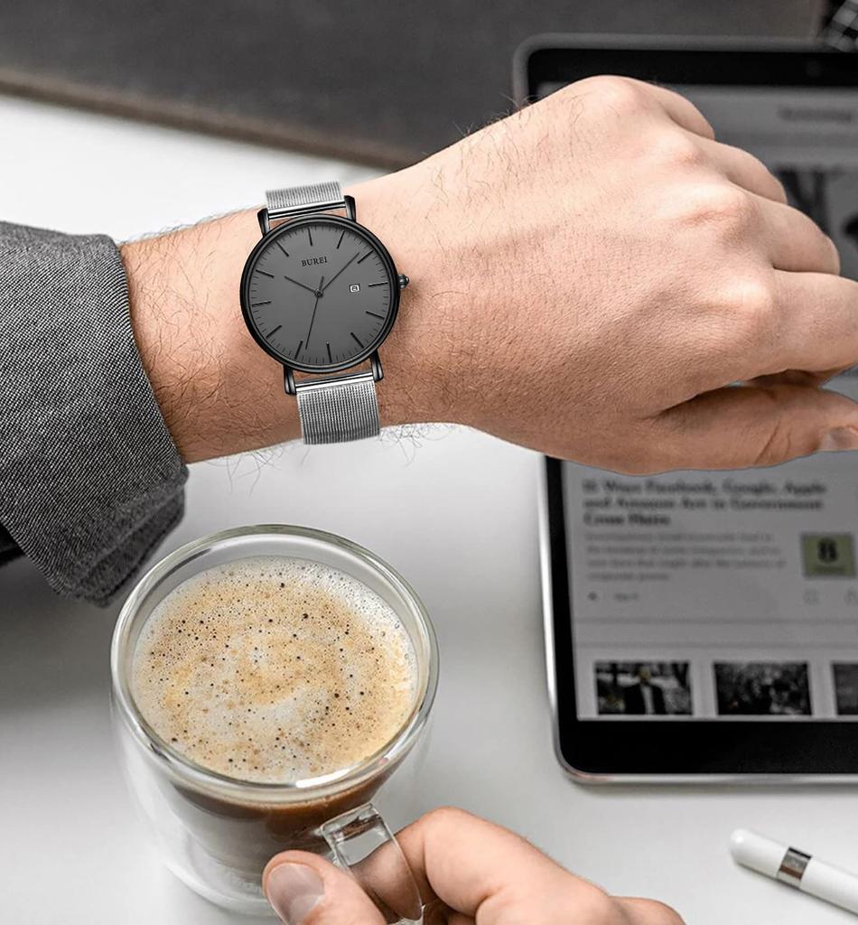 BUREI Men's Watch: Simple, Stylish, Popular Brand, Ultra-Thin, Lightweight, Analog, Waterproof, Quartz Movement, Black-Gray