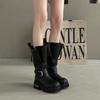Модный стиль короткие ботинки пряжка ремня локомотивные боксерские ботинки женские дизайнерские толстоподошвенные кожаные ботинки ретро средней длины голенища толстый каблук рыцарские ботинки