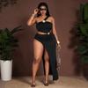 Large size women's black one-shoulder hollow dress asymmetrical design high split sexy party evening dress dress D