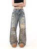 Women's Retro Blue Splicing Ripped Jeans Y2K Camouflage Japanese Harajuku Streetwear 2000s Style Wide Leg Pants Jeans Clothing