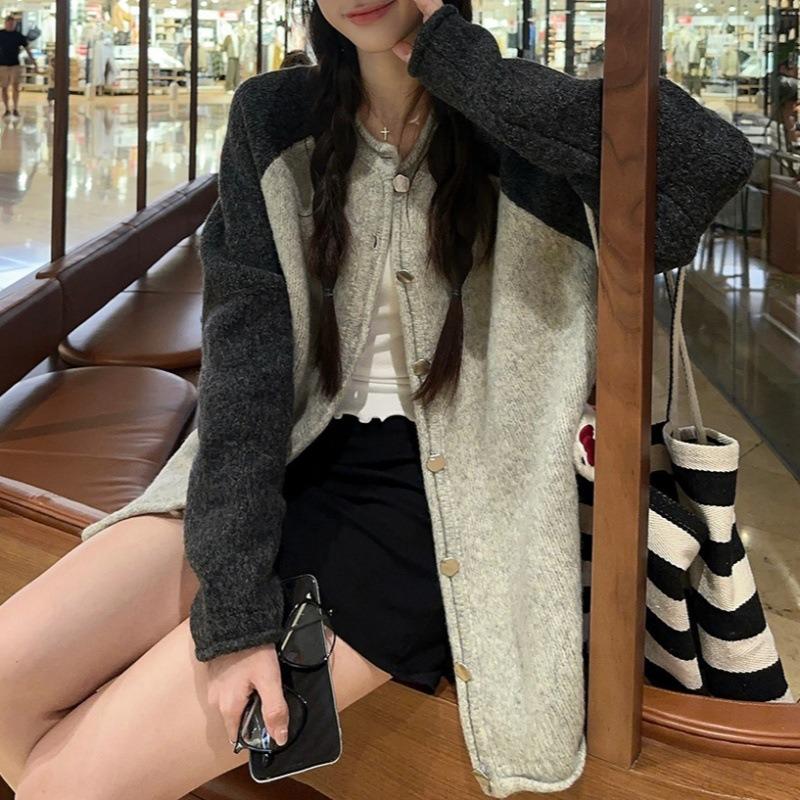 Ленивый ветер серый кардиган с длинным рукавом женский осенний новый трикотажный свитер с контрастной вставкой пальто