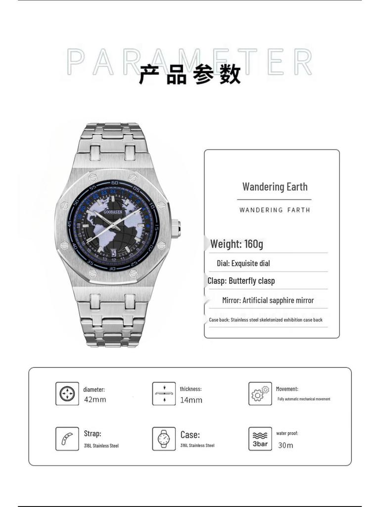 Автоматические светящиеся мужские часы-скелетоны, вдохновленные Землей, с календарем и водонепроницаемым дизайном