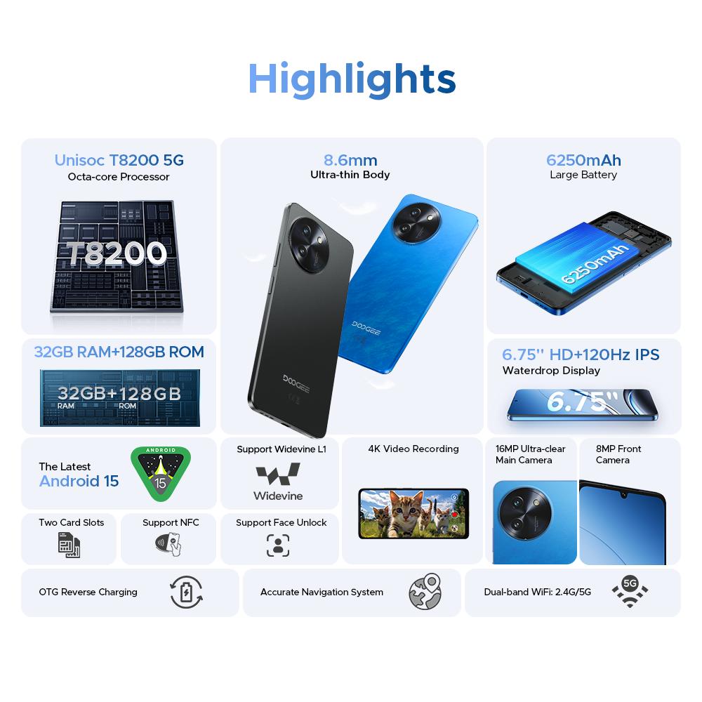 DOOGEE Note 59 5G Smartphone Android 15 NFC Cellphone 6.75" Screen 32GB (8+24) 128GB Unisoc T820 6250mAh Battery Mobile Phone