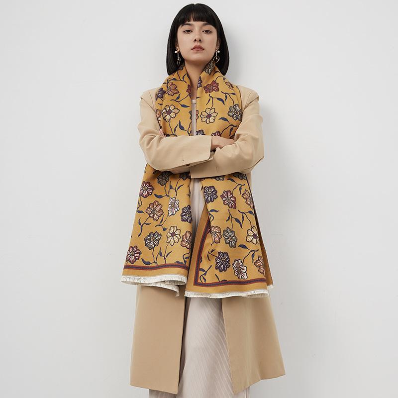 Winter Scarf Women'S Japanese And Korean Version Imitation Cashmere Flower Printing Fashion Versatile Scarf High-End Warm Shawl