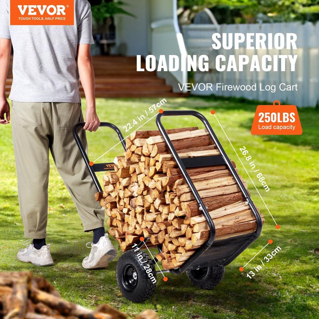 Firewood Log Cart, 113.4 kg Load Capacity, Outdoor and Indoor Wood Rack Storage Mover with Pneumatic Rubber Wheels, Heavy Duty Steel Dolly Hauler,
