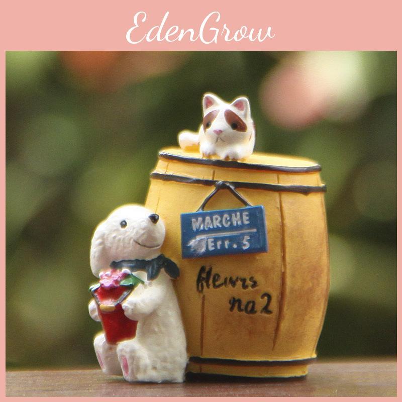 Cute Cartoon Wine Barrel Cat And Dog Mini Model Ornament For Decoration Garden