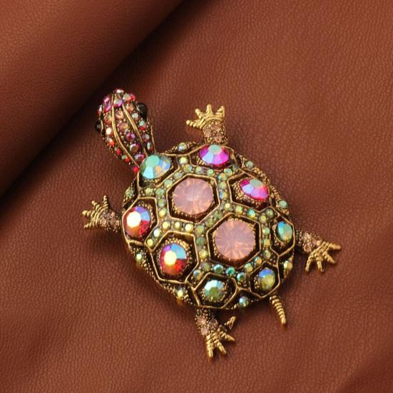 Tortoise Brooch Rhinestone Faux Crystal Colorful Turtle Pin Brooch Lapel Pins Vintage