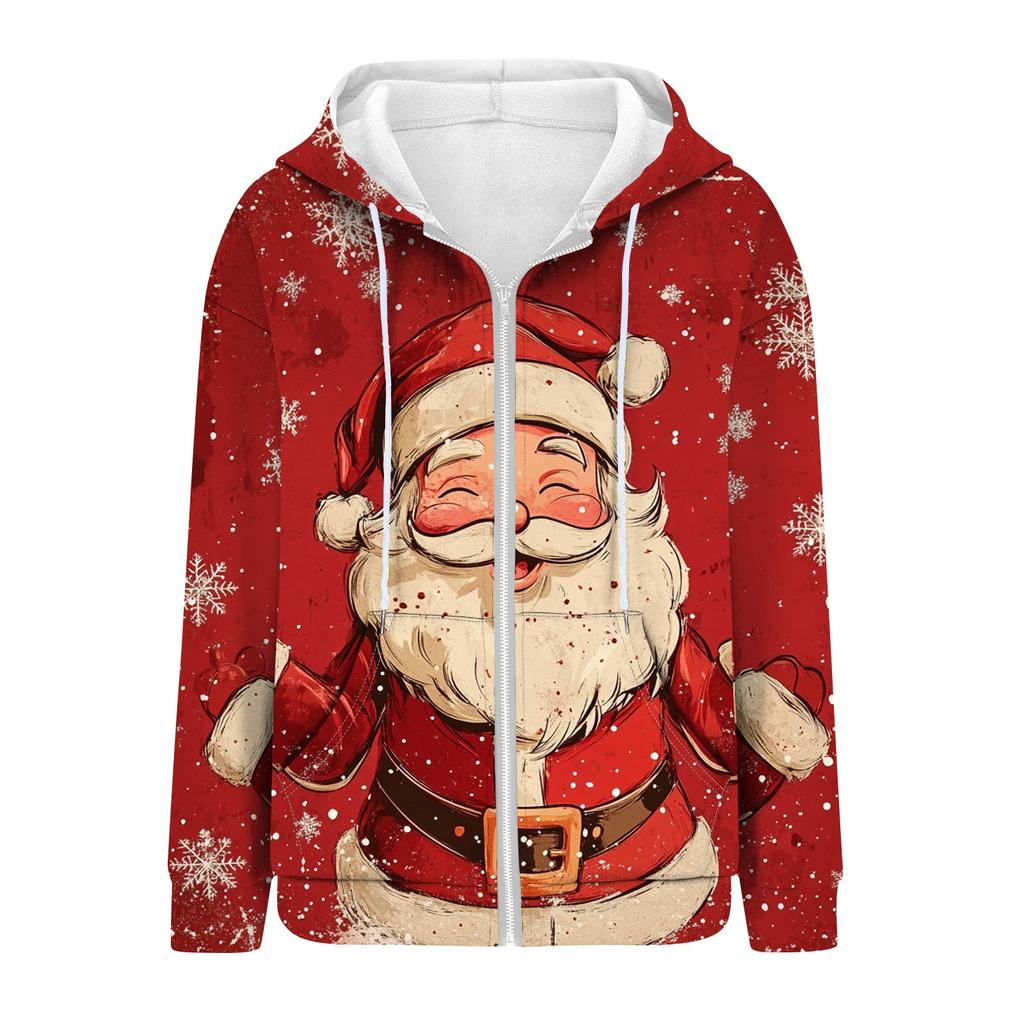 Women's Christmas Printed Sweatshirt Winter Long Sleeve Cardigan Jacket With Pockets Zipper Hoodie Outerwear