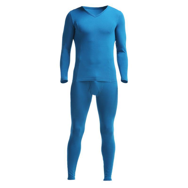 Комплект мужского хлопкового термобелья для молодежи – тонкий, облегающий, с V-образным вырезом, низким воротником, осенняя рубашка и брюки.