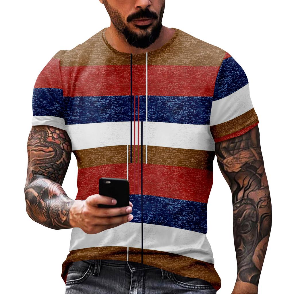 Fashion Striped Print - Men's Casual Round Neck Short Sleeved T-shirt