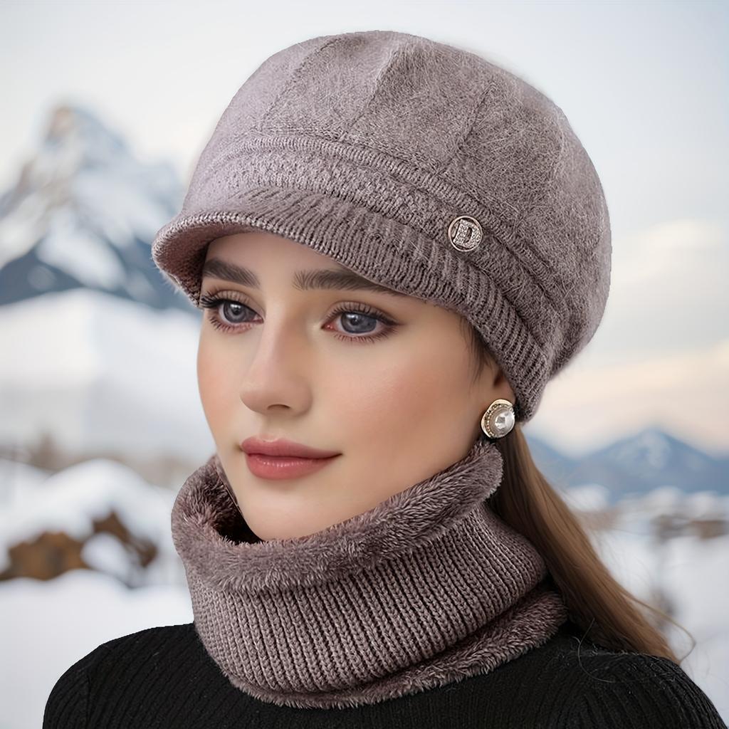 Women's Warm Knitted Winter Hat Warm Hat with Padded Fleece Lining and Ear Protection with Sun Visor Brim