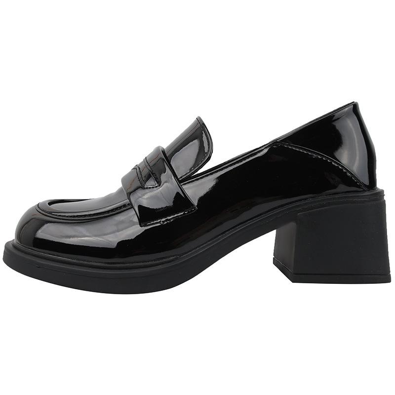 Туфли женские кожаные на толстом высоком каблуке в ретро-британском стиле 2025 года, универсальные черные мокасины на платформе с круглым носком