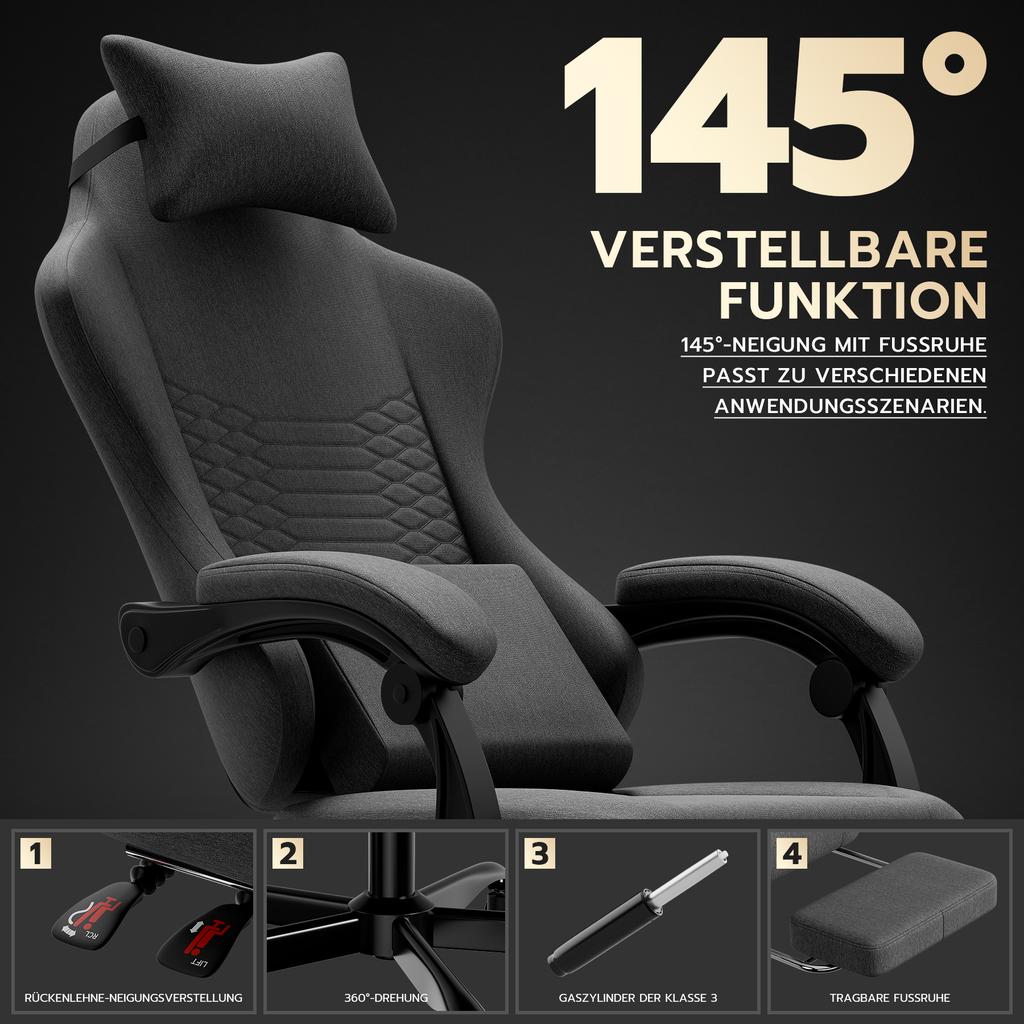 Gaming Chair Fabric Office Chair, Massage Gaming Chair with Headrest, Ergonomic Racing Gaming Seat with Footrest (dark grey)
