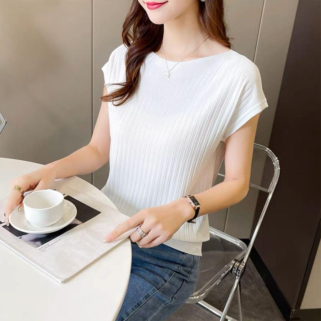 Women's Summer One-Shoulder Ice Silk Knitted Short-Sleeve Top with Vertical Stripes and Stand-Up Collar