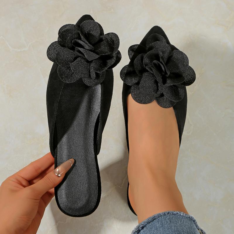 Fashion Leisure Black Cloesd Toe Slippers Women 2025 Summer Leopard Flat Heels Shoes Women Big Flower Slip On Daily Shoes Women