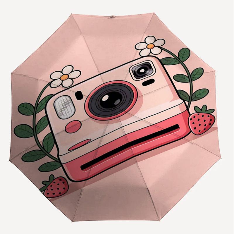 1pc Camera Strawberry Automatic Open/Close Umbrella Compact Folding Umbrella with 8-Rib Shaft for Women/Men, Elegant Birthday1197S