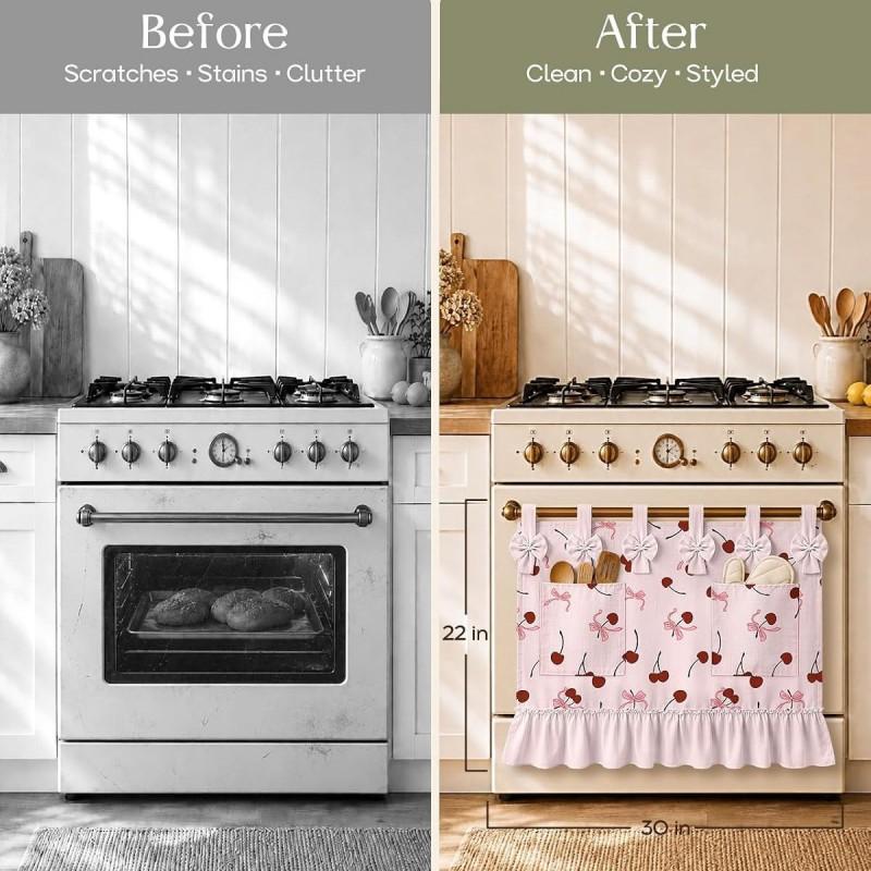 Oven Curtain With Pocket Hook-and-Loop Skirt Cherry Bow Decorative Kitchen Door Drape