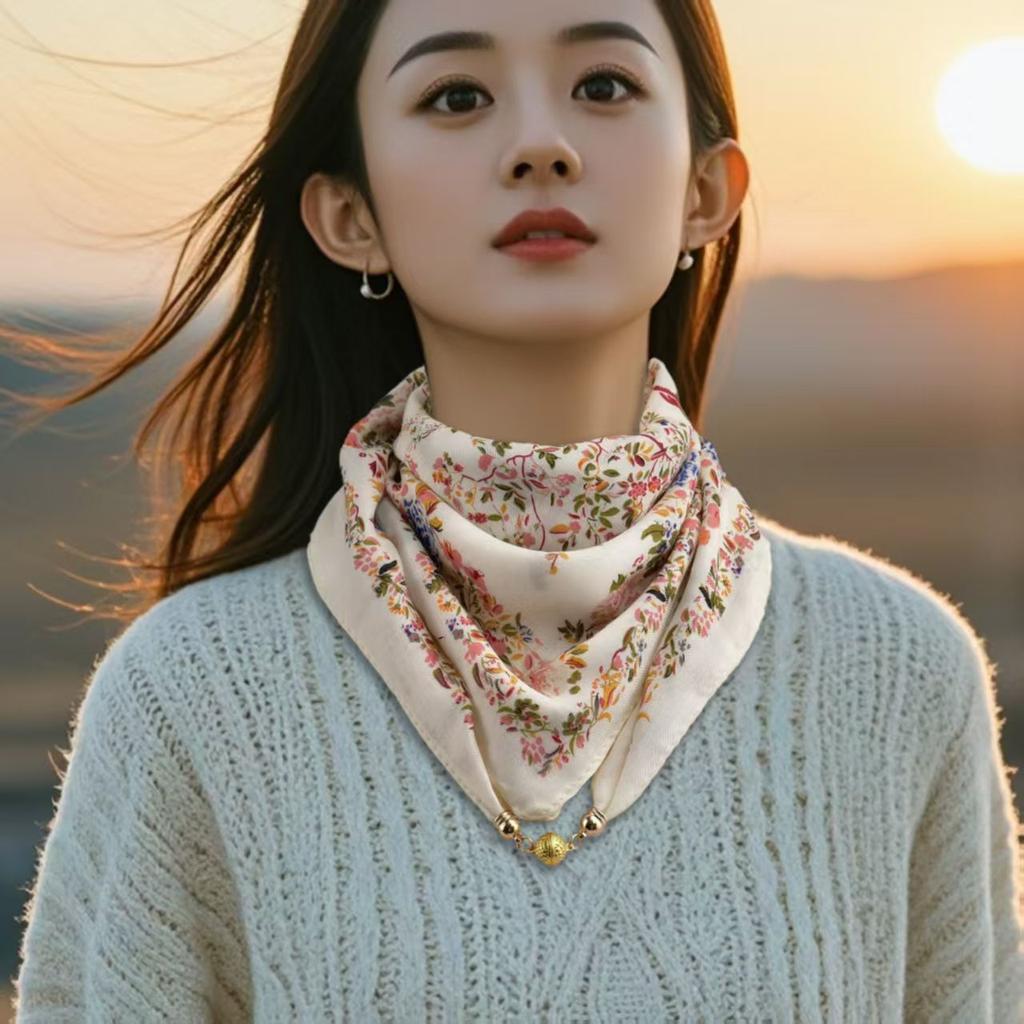 Luxury Design Magnetic Triangle Neck Protection Scarf For Women Cotton And Linen Scarf High-end Neck Scarf Spring Autumn Bandana
