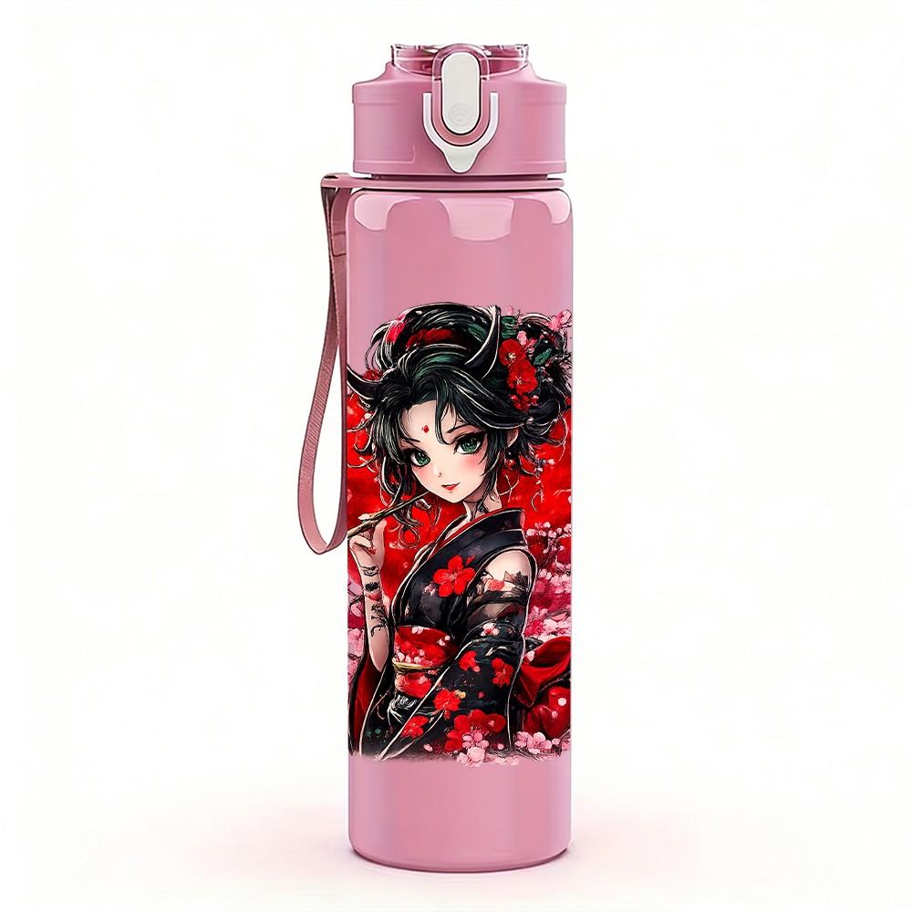1PC Red Floral Geisha Oriental Art Print 750ml Color Plastic Sports Water Bottle Leakproof Flip Straw Lid Suitable for Sports Office Home Use