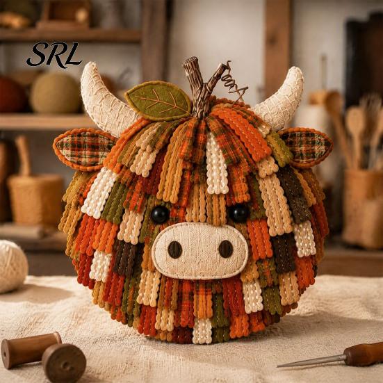 Thanksgiving Craft Activity Highland Cow Pumpkin Patchwork Kit, Fabric Autumn DIY Home Decor Crafting Set Sewing Kit for Beginners, Farmhouse