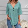 Women Summer Tops V-Neck Half Sleeve Casual Solid Color Tee Shirt Buttons Decor Loose Fit Mid-length Blouse