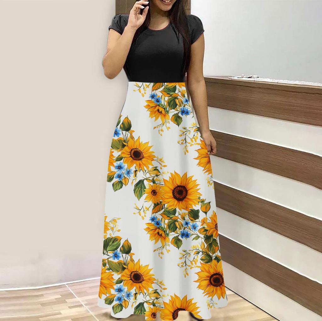 Женская мода повседневные свободные принтованные платья с круглым вырезом и коротким рукавом длинные платья с коротким рукавом длинные платья