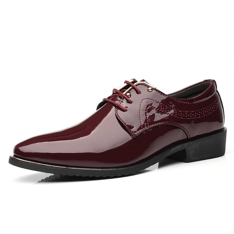 Mens Patent Leather Shoes Men Dress Shoes Lace Up Pointed Toe Wedding Business Party 2 Colors Big Size