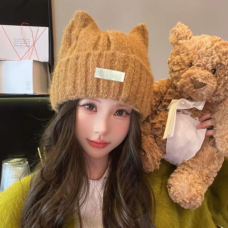 Sweet and cute cat ears wool hat women's autumn and winter warm ear protection plush knitted hat letter cold hat
