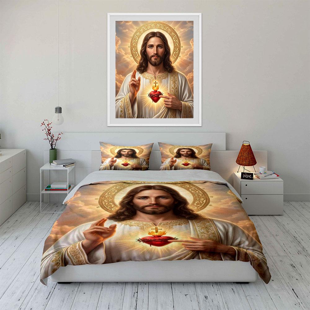 Sacred Heart with Glorious Christ Image Print Bedding Set 1 Duvet Cover 2 Pillowcases for Adult and Children Luxury Gift