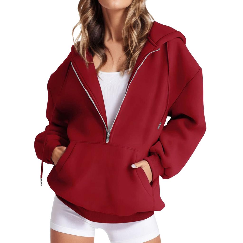 Solid Color Long Sleeve Pocket Hooded Zipper Thickened Pullover Sweatshirt for Women