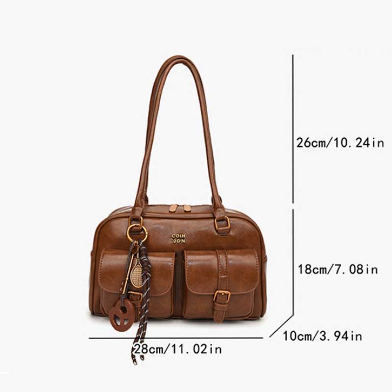 Women's Retro Solid Color Pu Leather Shoulder Bag with Multiple Pockets Large Capacity Comes with A Detachable Accessory Charm
