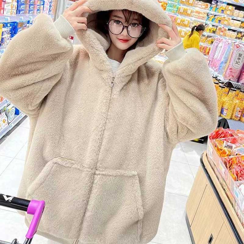 Korean Imitation Rex Rabbit Fur Coats Female Winter Warm Long Thickened Hooded Lamb Wool Cashmere Coat